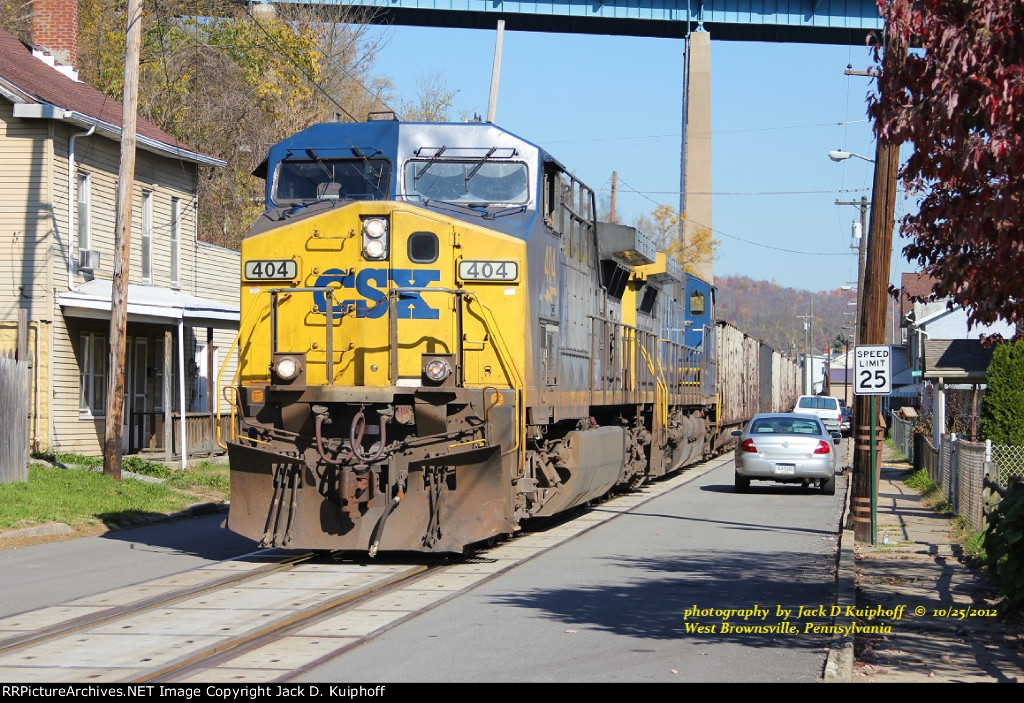 CSX 404 southbound on the Monongahela Railway with N72, at West Brownsville, Pennsylvania. October 25, 2012. 